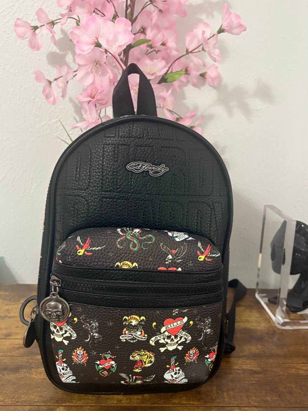 Ed Hardy Black Backpack/ Sling bag with Multicolor Tattoo Prints NWT